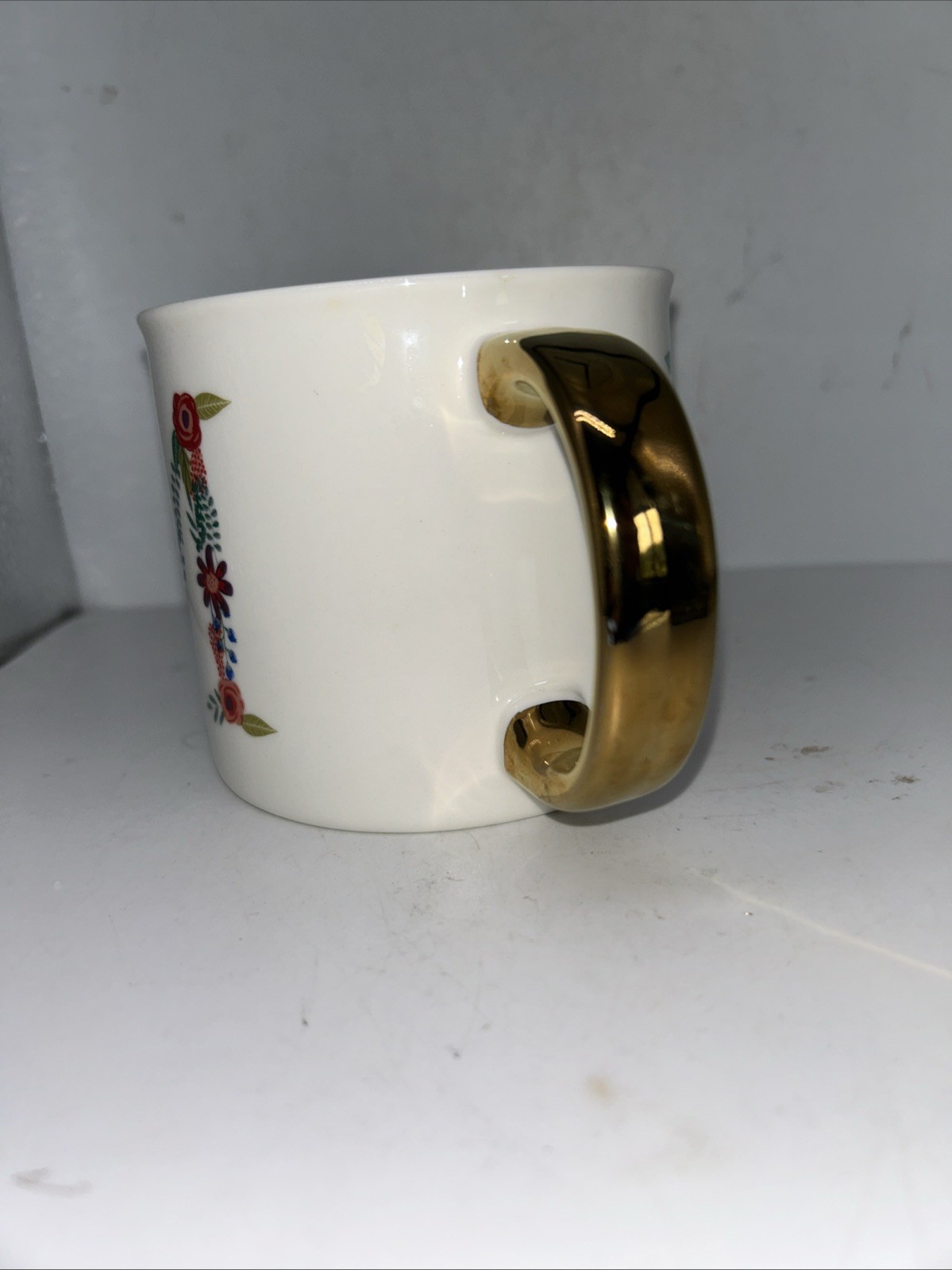 Opalhouse Porcelain Coffee Mug Floral Monogram M Microwave Dishwasher Safe Gold