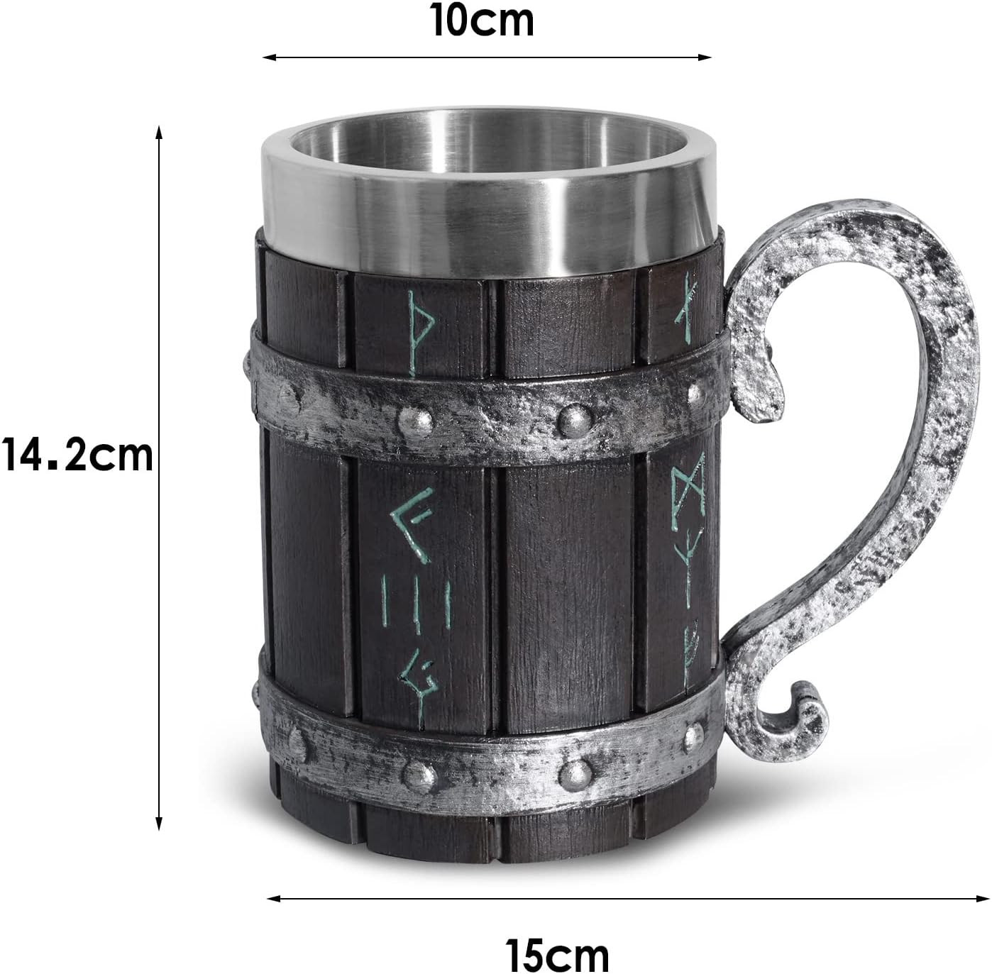 Nordic Viking Mug,Oak Wooden Beer Stein Stainless Steel Liner,Nordic Mythology V