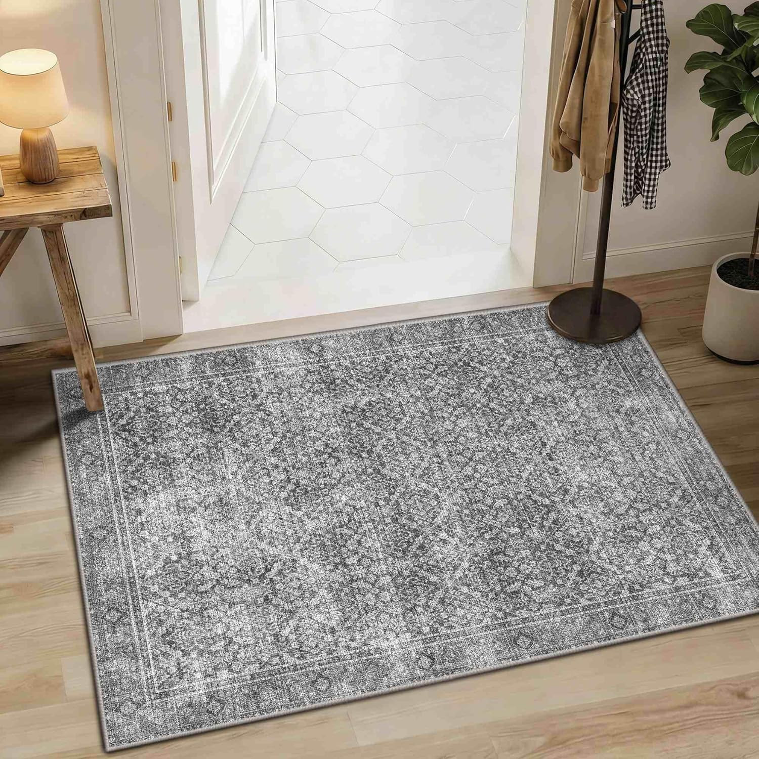 Vintage Grey 2×3 Entryway Rug, Washable Non-Slip Boho Floral Mat