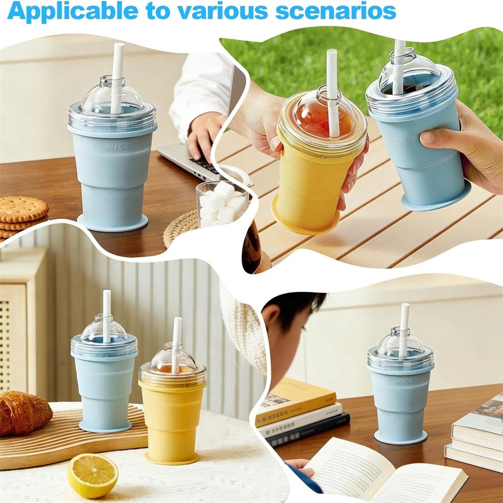 Summer Silicone Travel Cup with Straw, Foldable & Removable Ice Ball Mold
