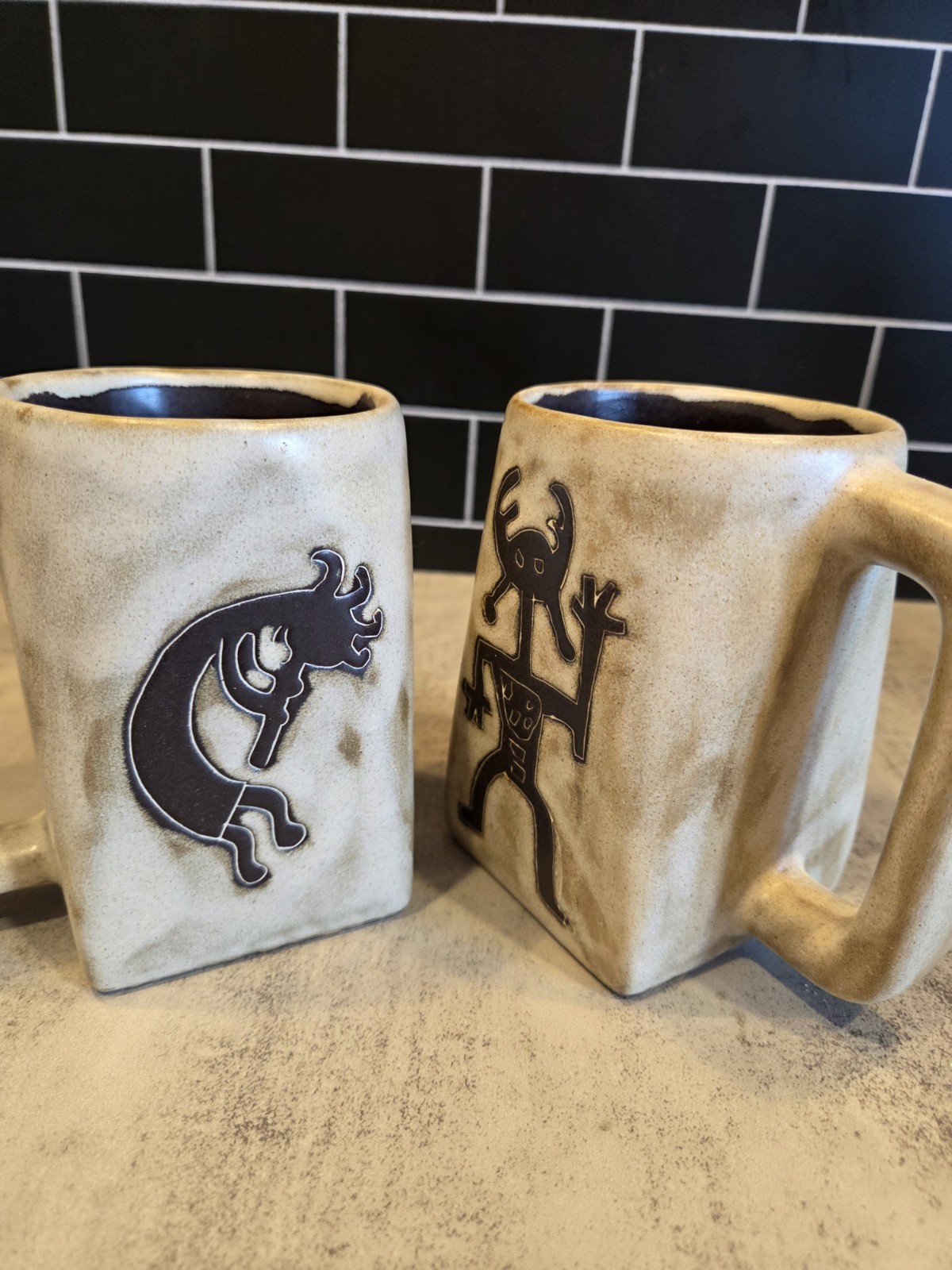 Mara Stoneware Mugs Set of 2 Kokopelli & Warrior Traditional 12 oz. Square Base