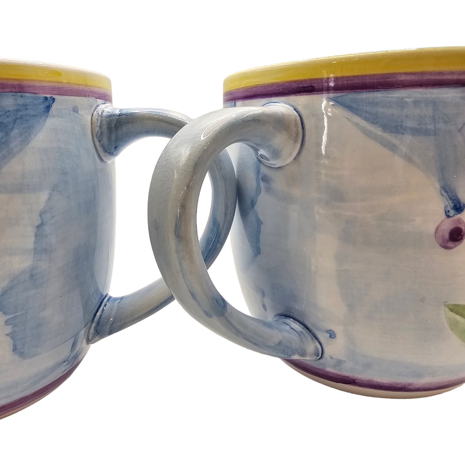 Salute Ceramics Coffee Mugs Set of 2 Hand Painted Blue Yellow Flower Tea Cups
