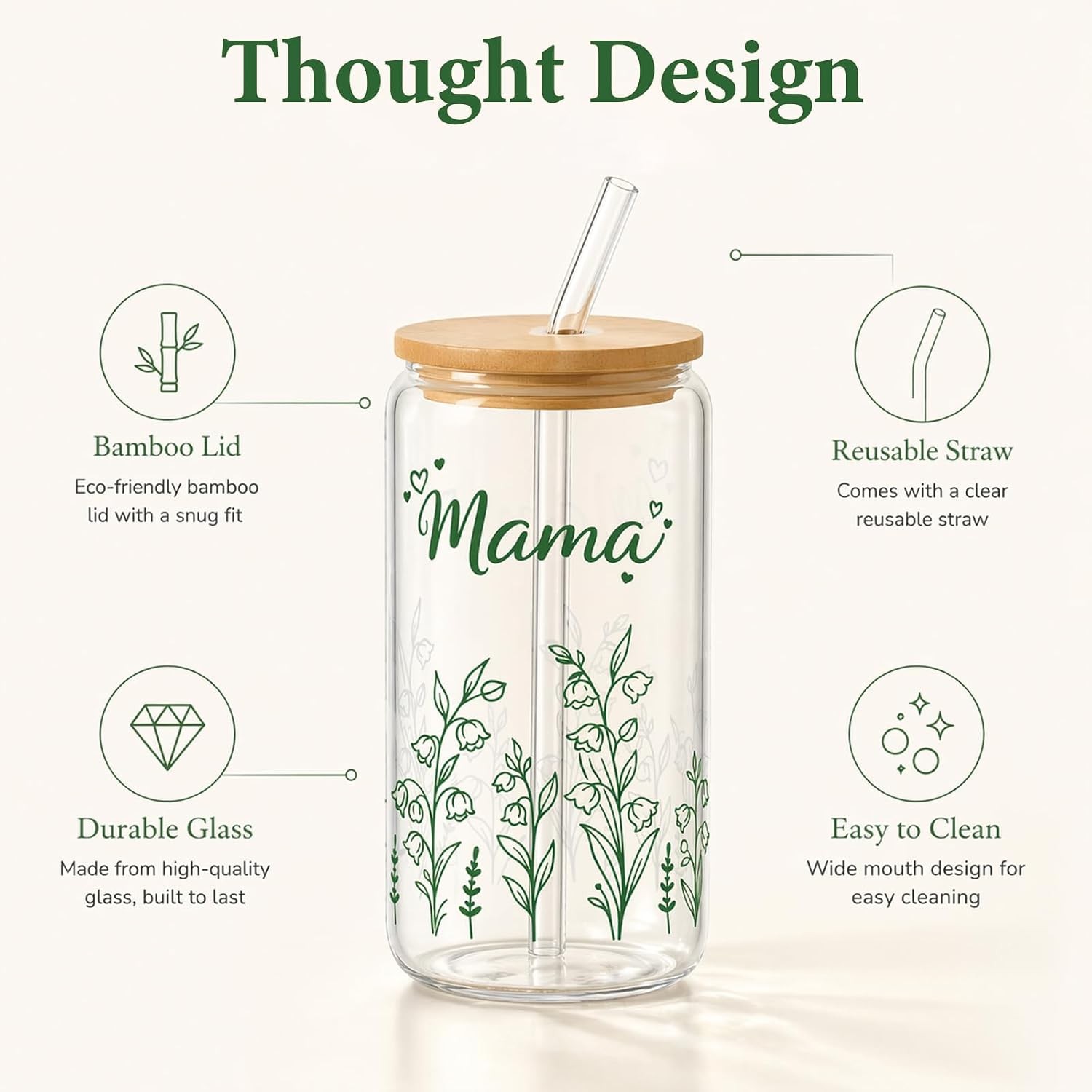 Mama for Mom – 16oz Floral Iced Coffee Cup with Lid and Straw – Cute Birthday