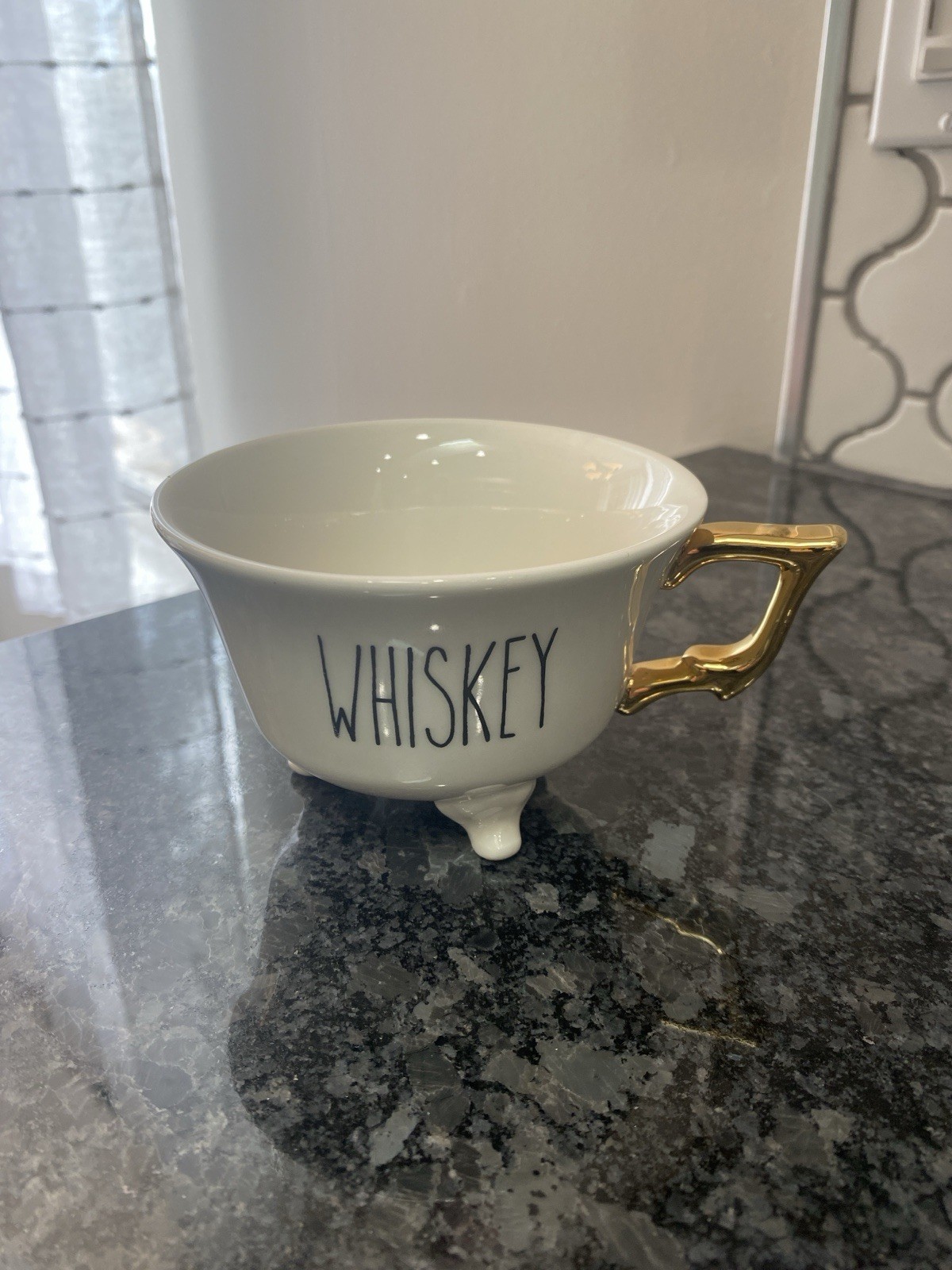 Creative Co-op Stoneware 3 Footed WHISKEY W/Gold Handle Tea Cup