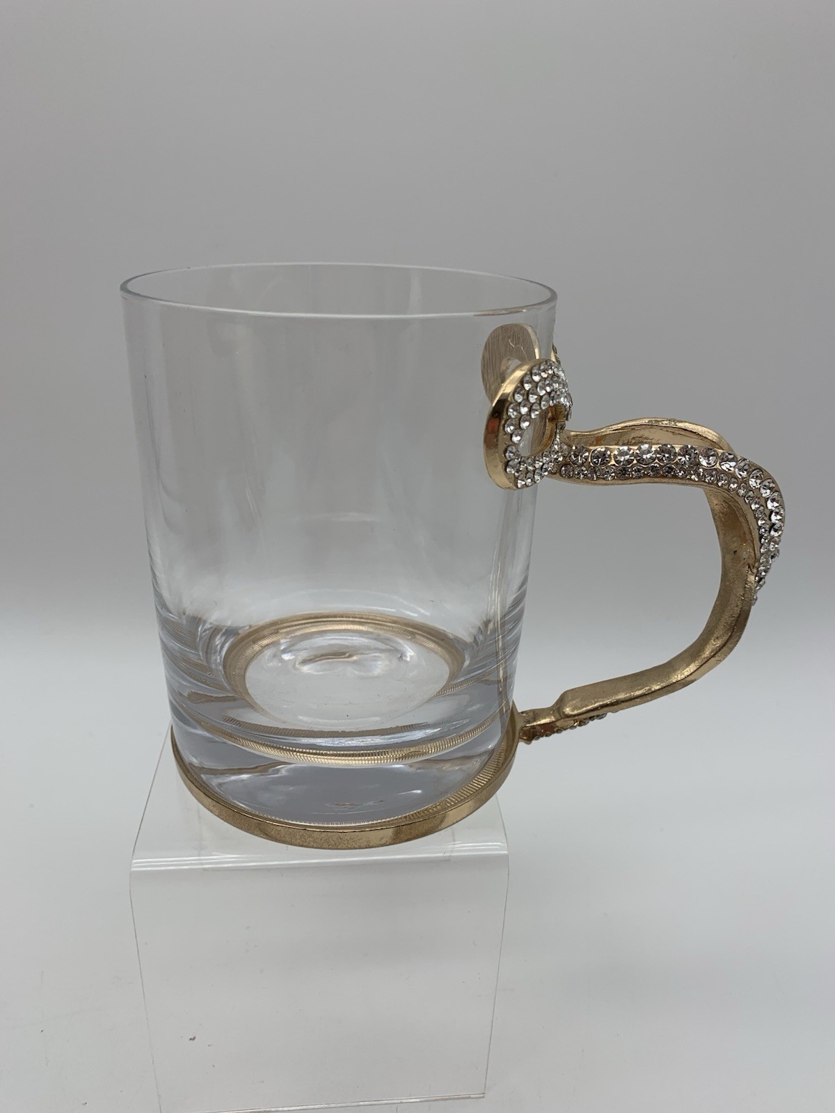 Gold & Rhinestone BOW Handle Glass Mug Coffee Tea Cup Bling Glam