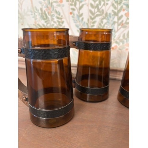 VTG Siesta Ware Amber Glass Mugs Set of 4 Brown Wood Handle MCM Rustic Barware
