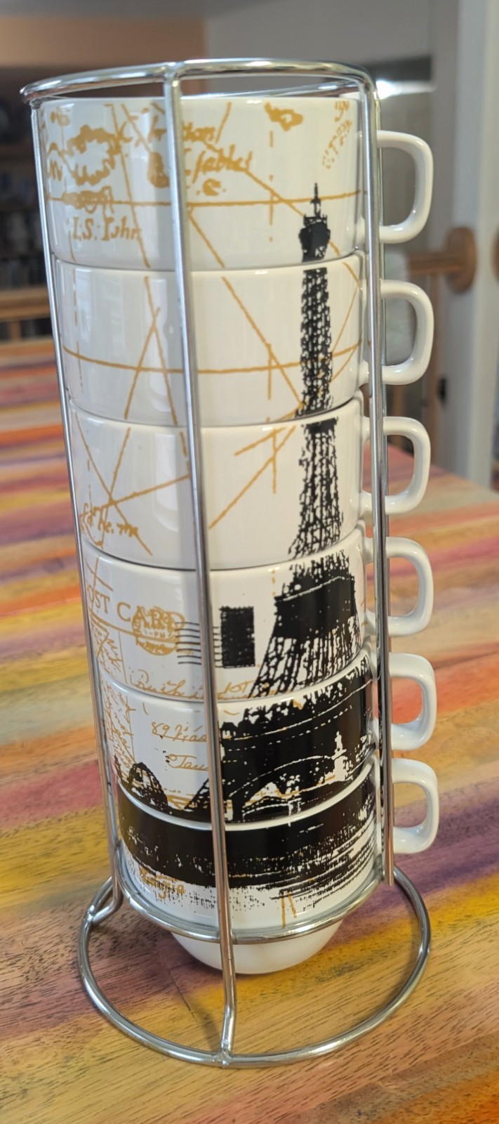 ⭐Royal Paris Eiffel Tower Stackable w/Metal Rack Art Nouveau Coffee Cups Mugs