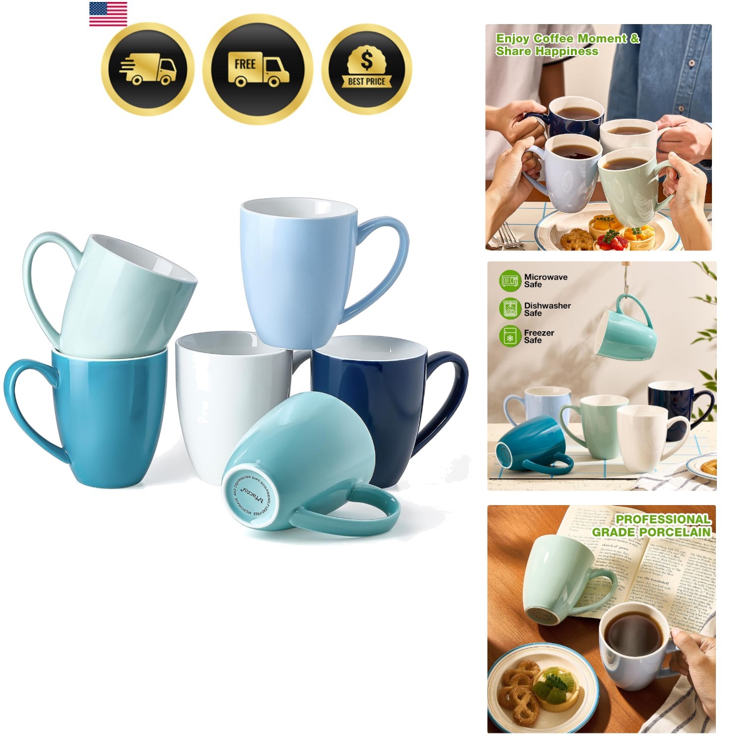Porcelain Coffee Mugs Set of 6, 13 Ounce Coffee Cups with Handle, Ceramic Tea…