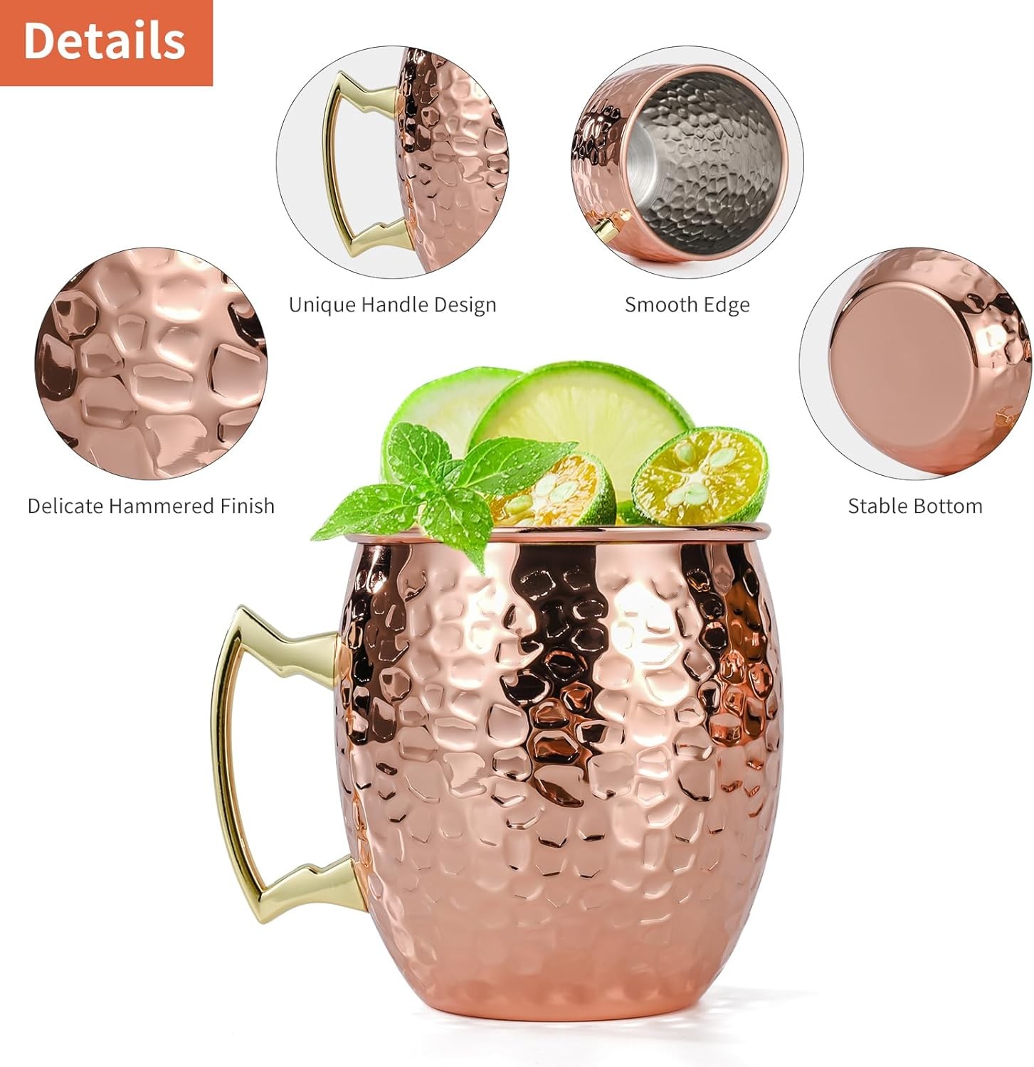 Moscow Mule Mugs Set of 4 16OZ Hammered Copper Cups with 304 Stainless Steel