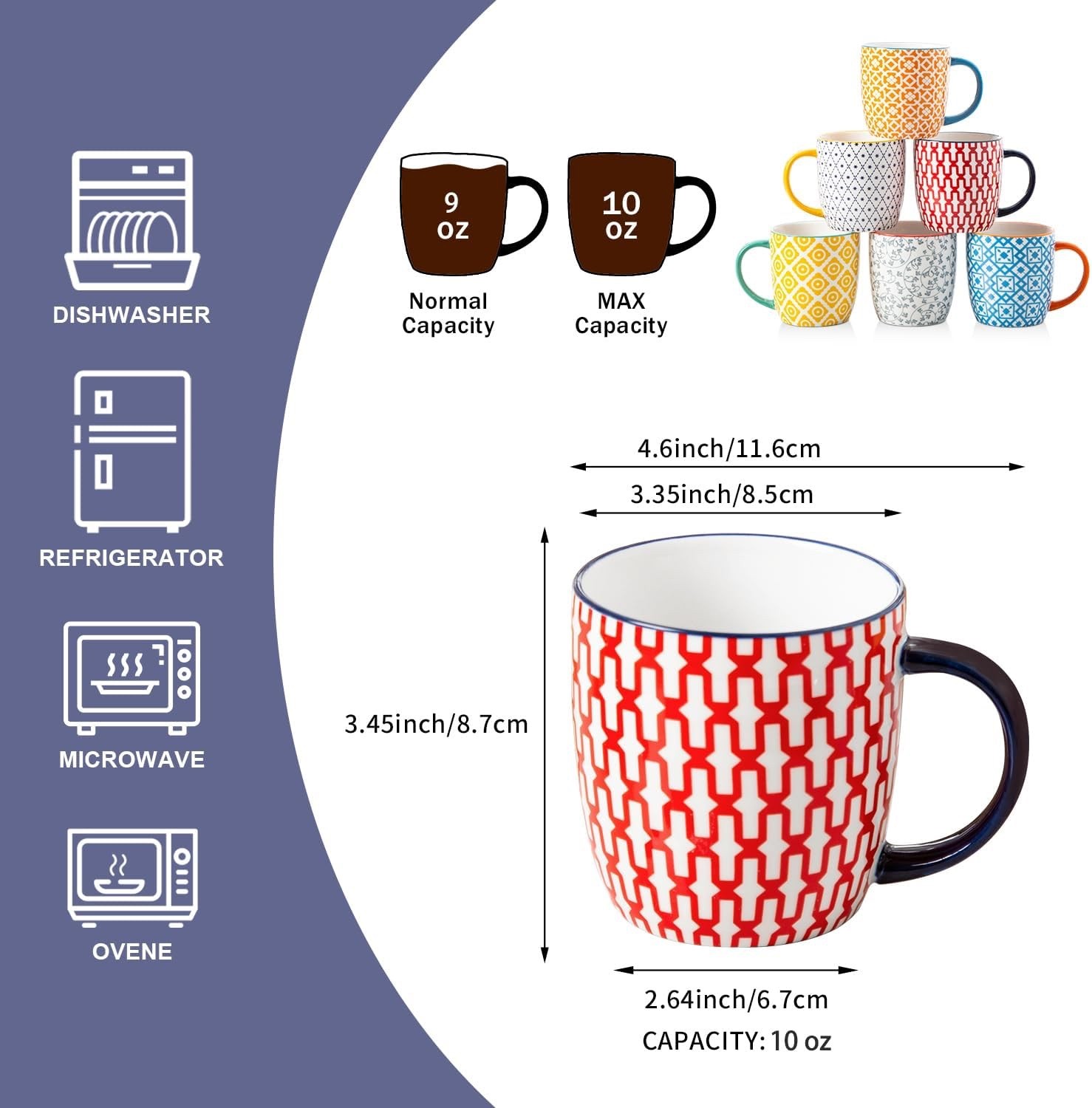 Set of 6 10 oz Mugs Multicolor Coffee,Latte, Tea Boxed