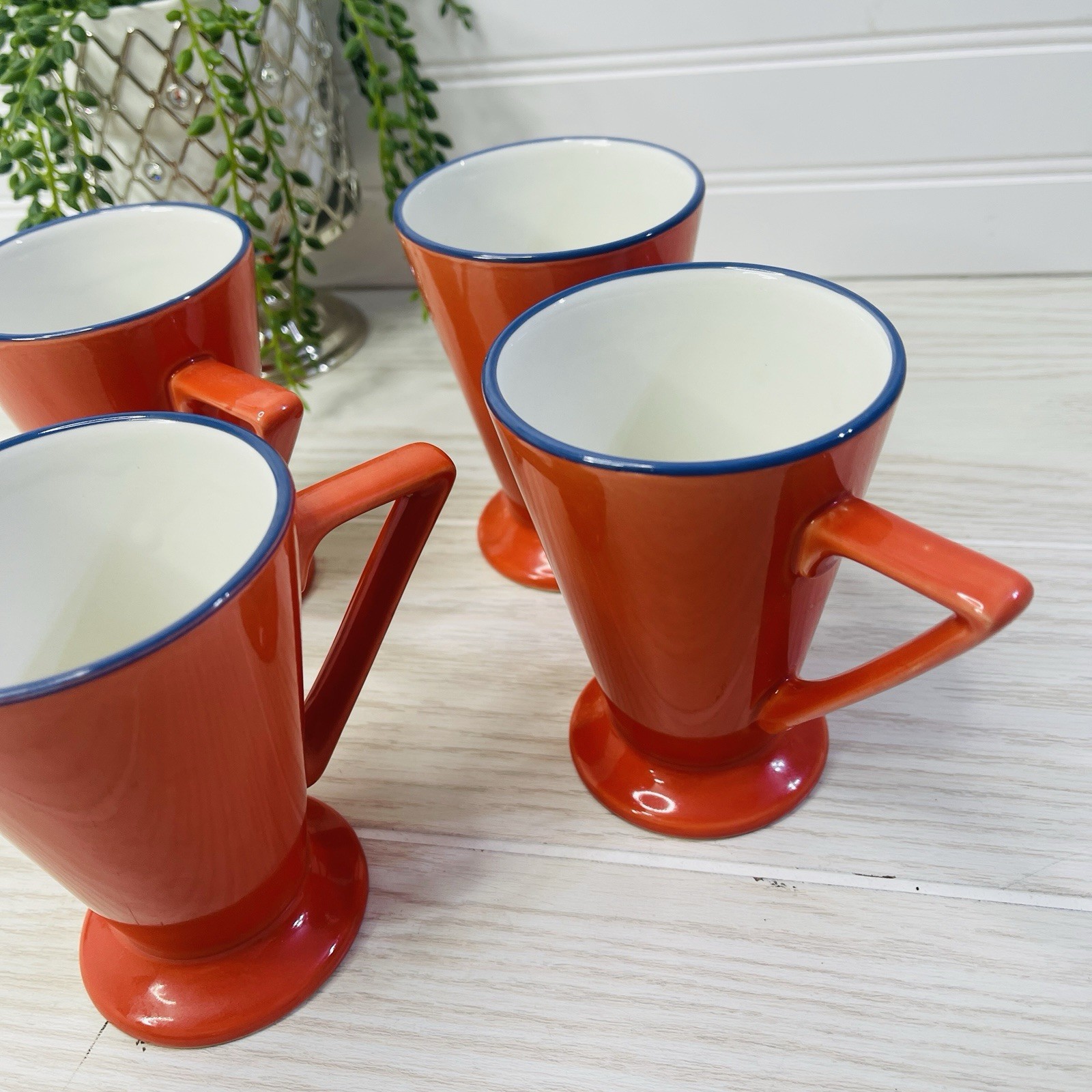 4 Pier 1 Angleterre Mugs Cups England Art Deco Style Ceramic Orange