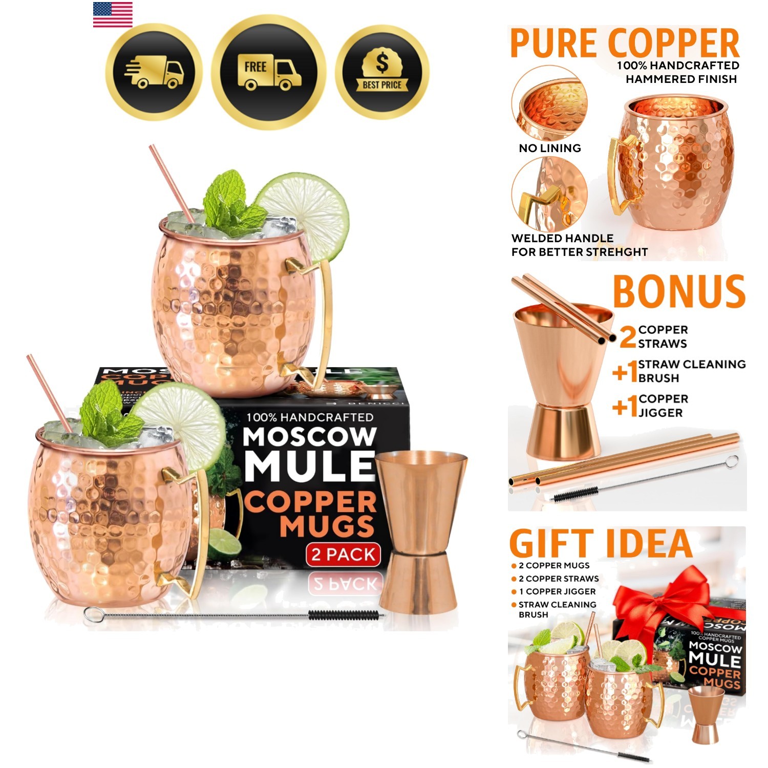 Moscow Mule Copper Mugs – Set of 2, 100% HANDCRAFTED – Food Safe Pure Copper …