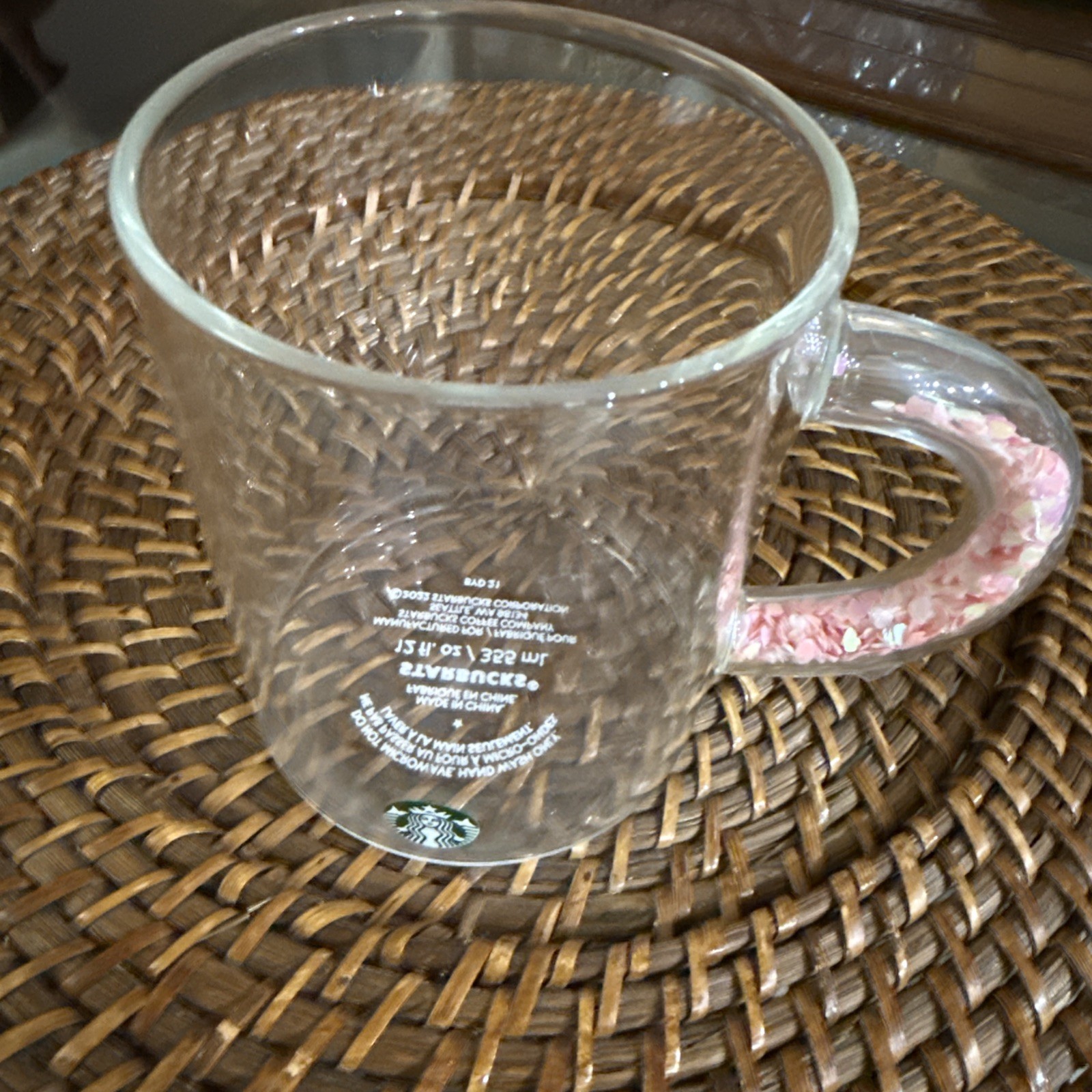 Starbucks Clear Glass Coffee Mug with Pink Decorated Handle No Original Box