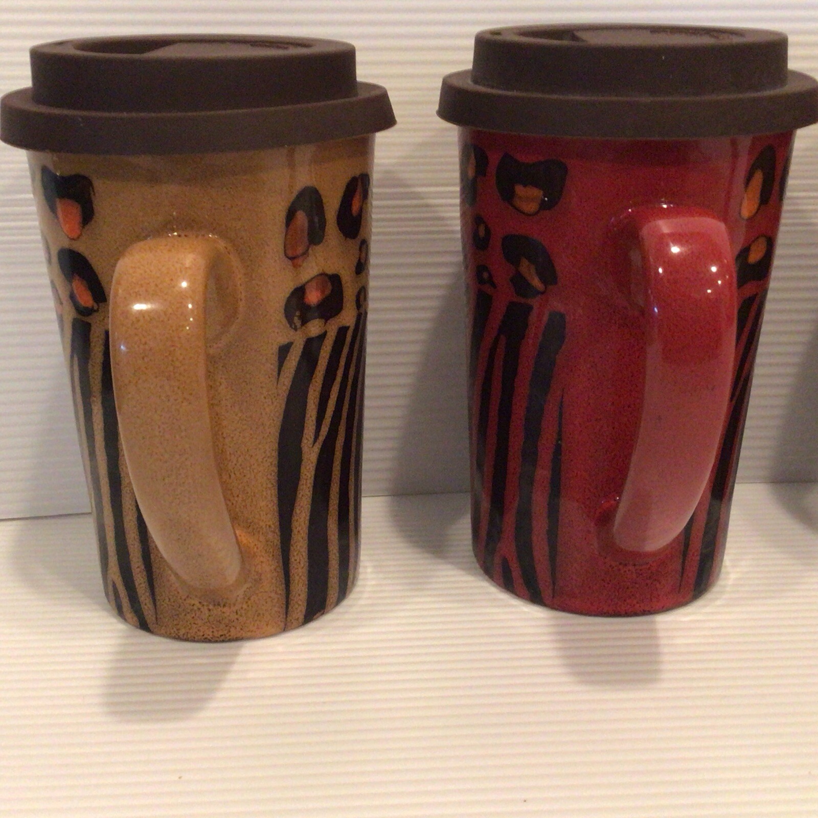 Coffee Mugs, Lids Set/3 15oz Ceramic Animal Print Zebra Leopard Nature Home READ