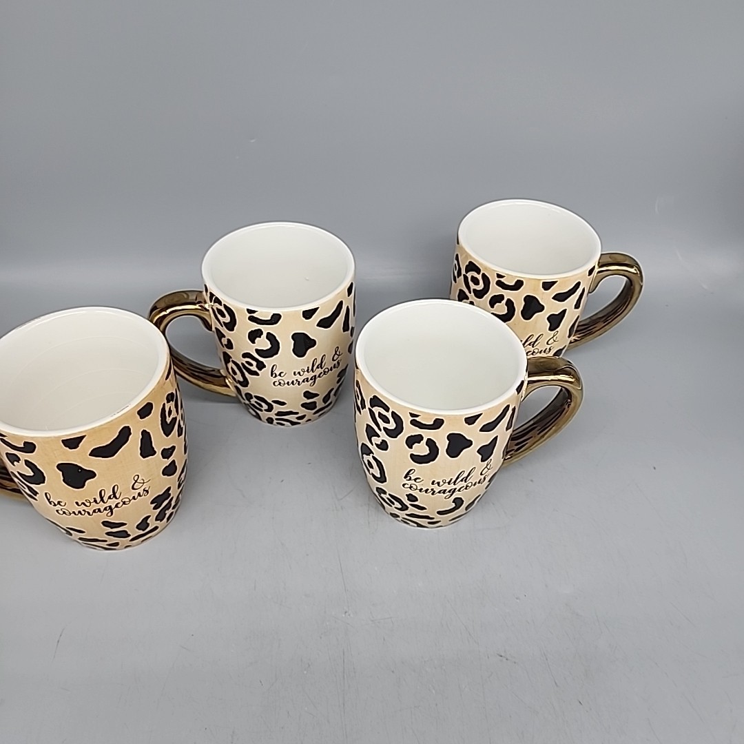 Set Of 4 Pier 1 Leopard Print Mug, be wild & courageous, 12 FL OZ Ceramic Animal