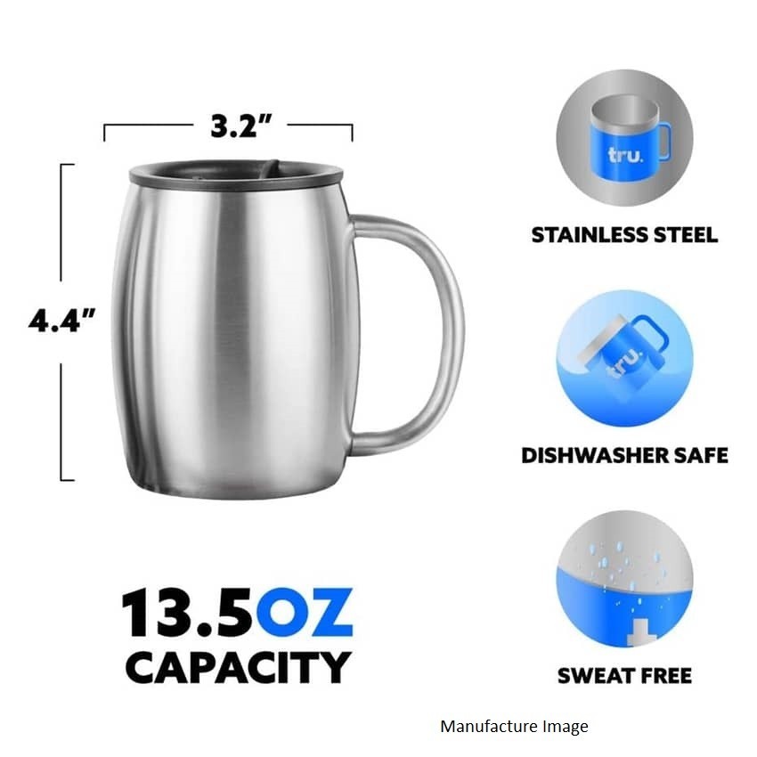 2 Pack Tru Blu Stainless Steel Double Wall Insulated Mug w/ Handle & Lid 13.5oz