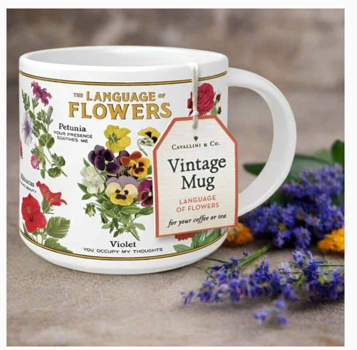 Cavallini & Co., “THE LANGUAGE OF FLOWERS” Ceramic Coffee Mug, 14 oz, 3.5″ Tall