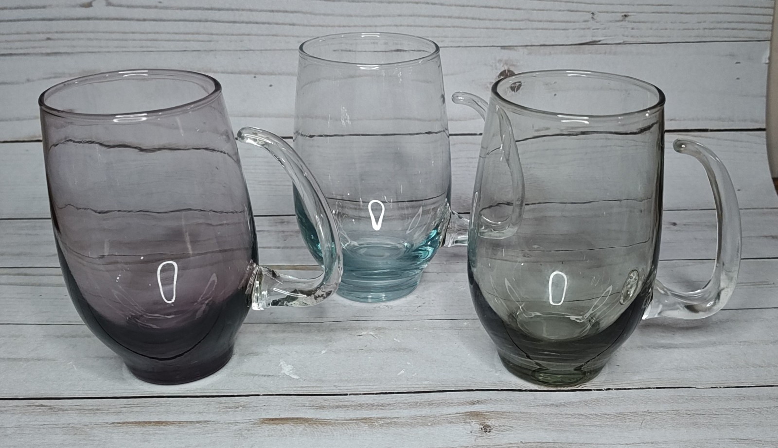 Vintage Set Of 3 Libbey Tempo Glass Multicolored Beer Tankards Open Handle Mugs