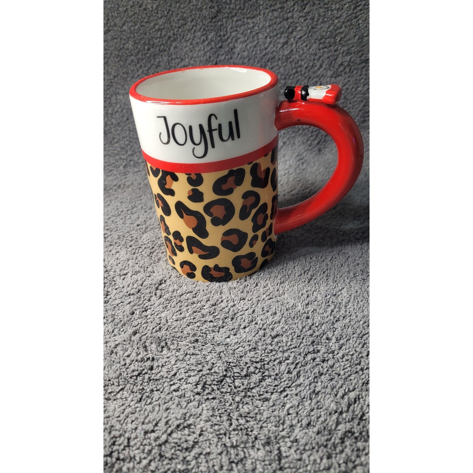 Joyful Leopard Print Christmas Mug with 3D Snowman Handle Red White Ceramic