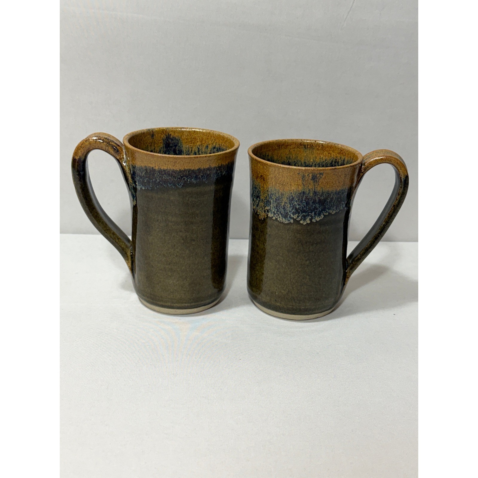 Blue Moon Pottery Studio Stoneware Mugs Set of 2 Drip Glaze Earth Tone Signed