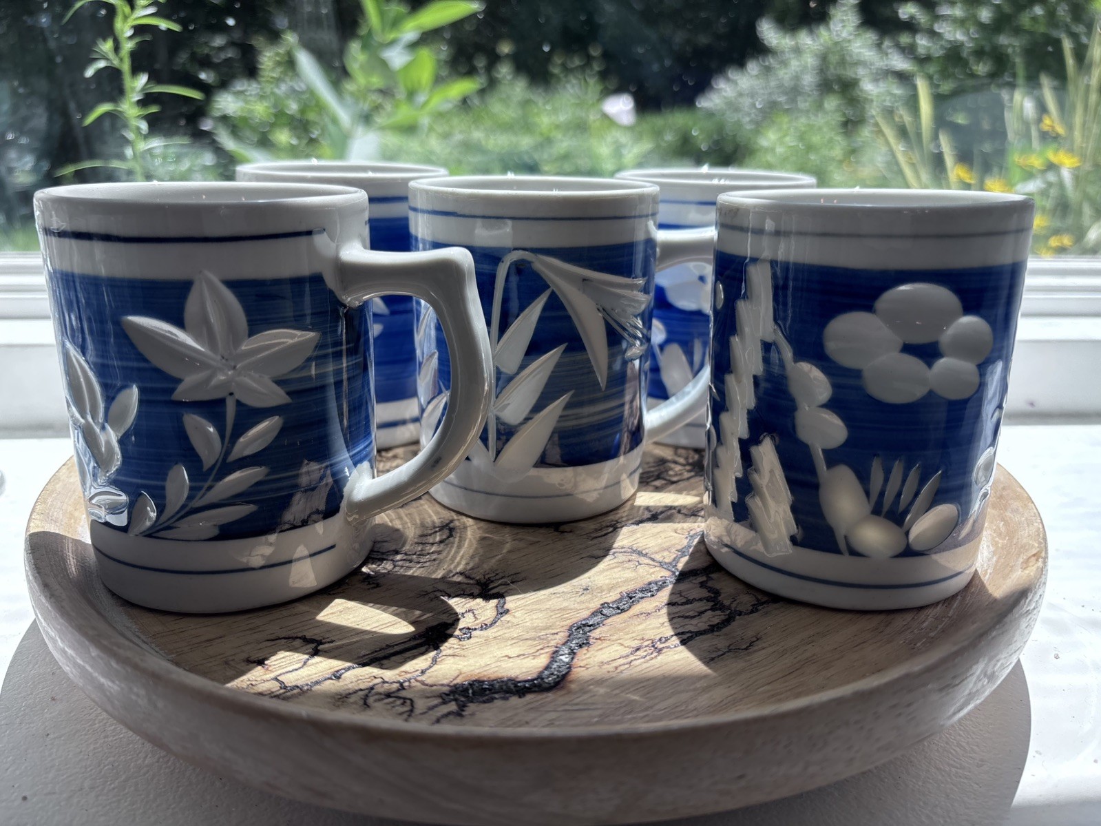 Vintage Cobalt Blue and White Inset Floral Pattern Japanese Coffee Mugs