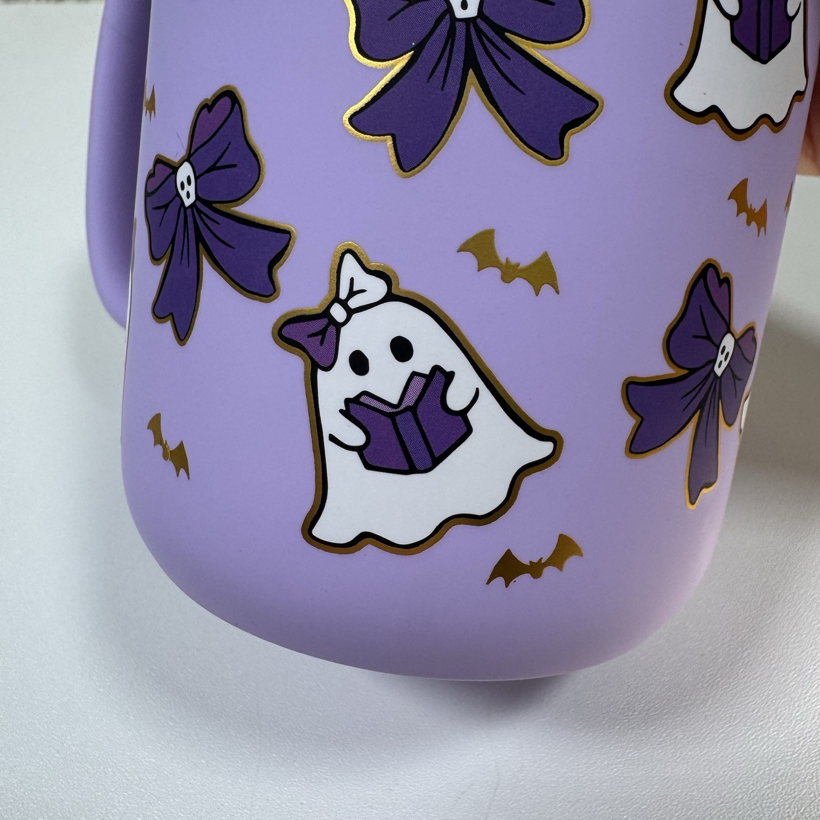 Cobwebs And Cauldrons Purple Ghost Reading Bows Bats Books Coffee Mug Halloween