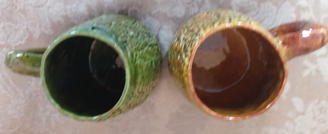 Bark Glossy Gold Green Rustic Cabin VTG Ceramic 16 Oz Coffee 4″ Mugs Pr Set