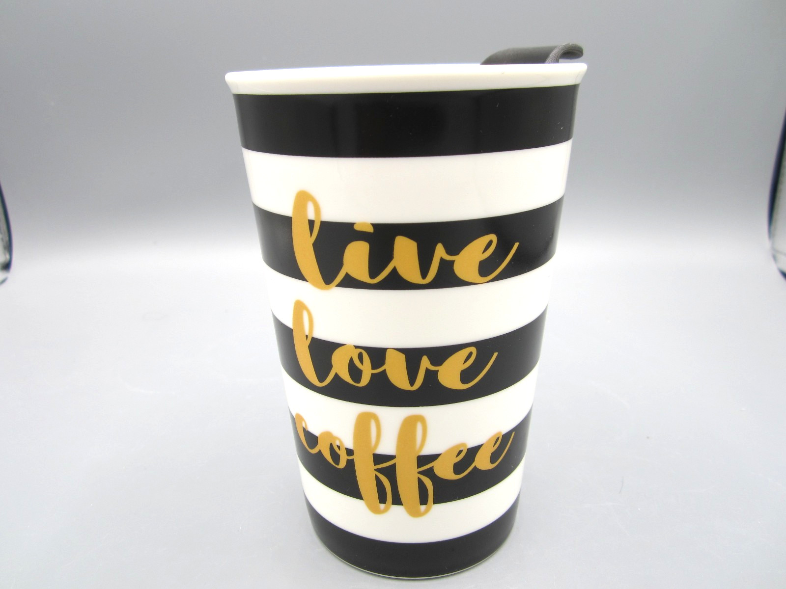 Clay Art Black White Gold, “Live Love Coffee” Travel Mug 10 oz w/Lid (469)