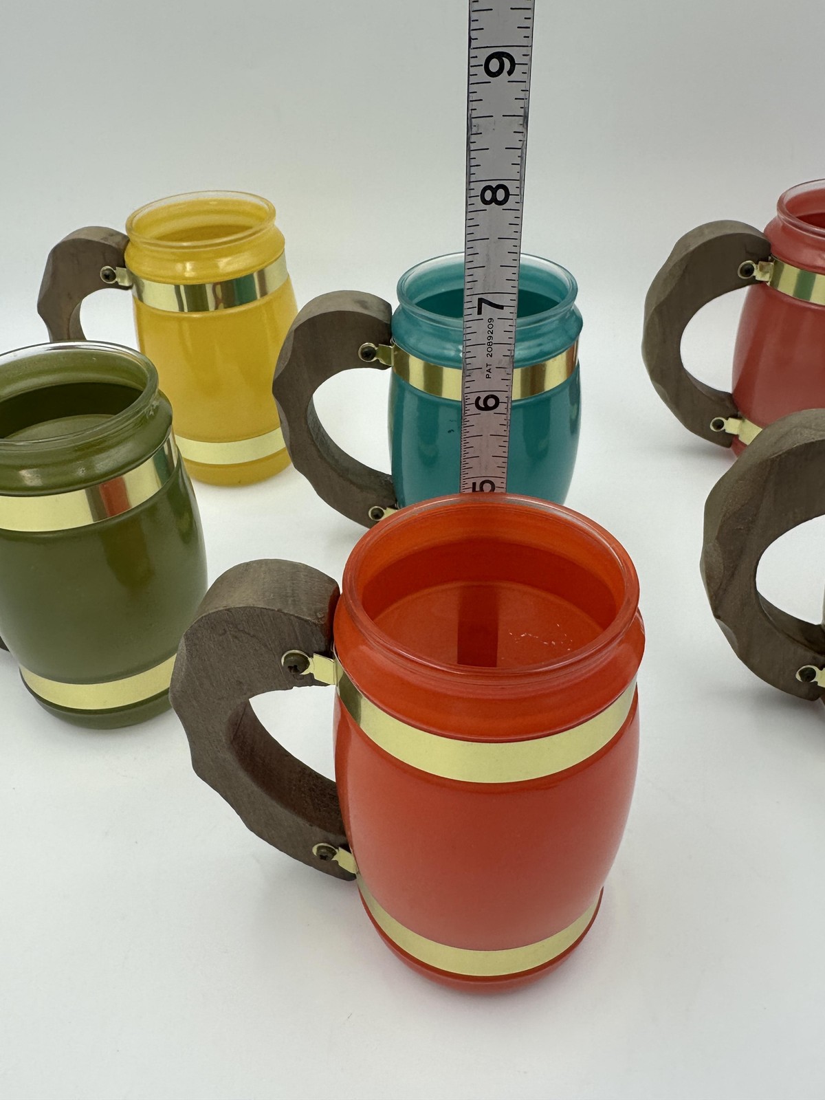 Siesta Ware Glass Mugs Set Of 6 Glass Barrel Wood Handles Multicolor Vintage