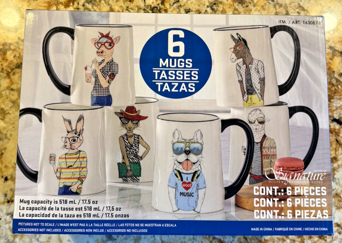 Hipster Animal Coffee Mugs 6pc Set 17.5 oz Stoneware by Signature Housewares
