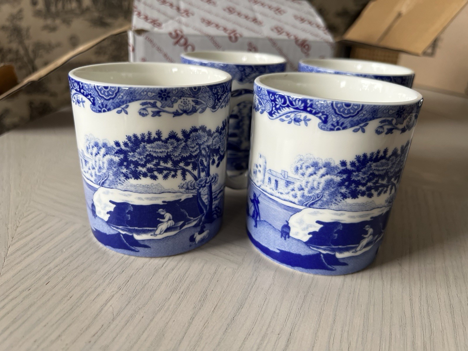 Spode Blue Italian 9 oz Coffee Mugs, Set of 4, Fine Porcelain – Blue White