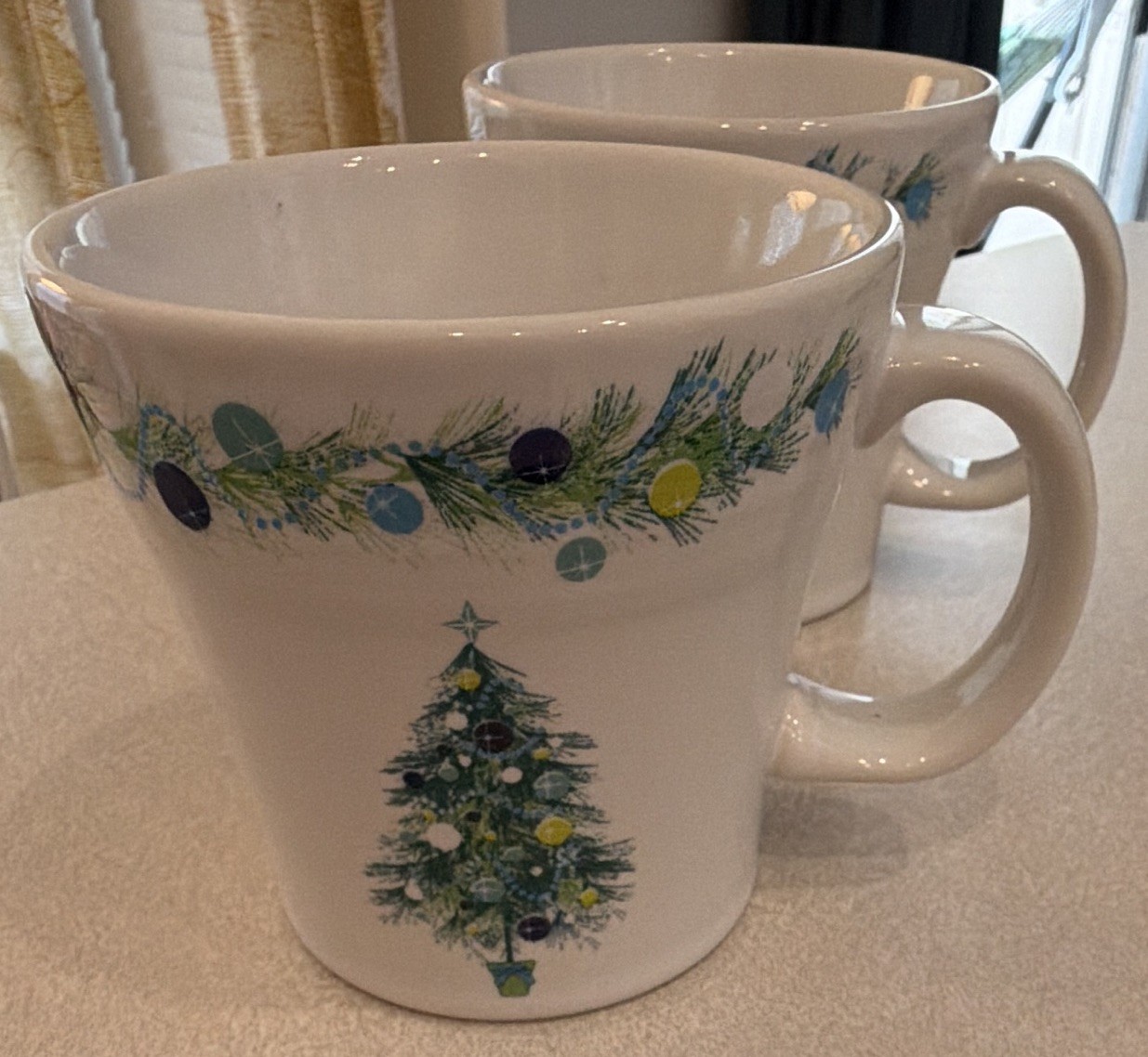 Fiesta ware Christmas Tree, 2 mugs, white w/ blue green decal, 15 oz fiestaware