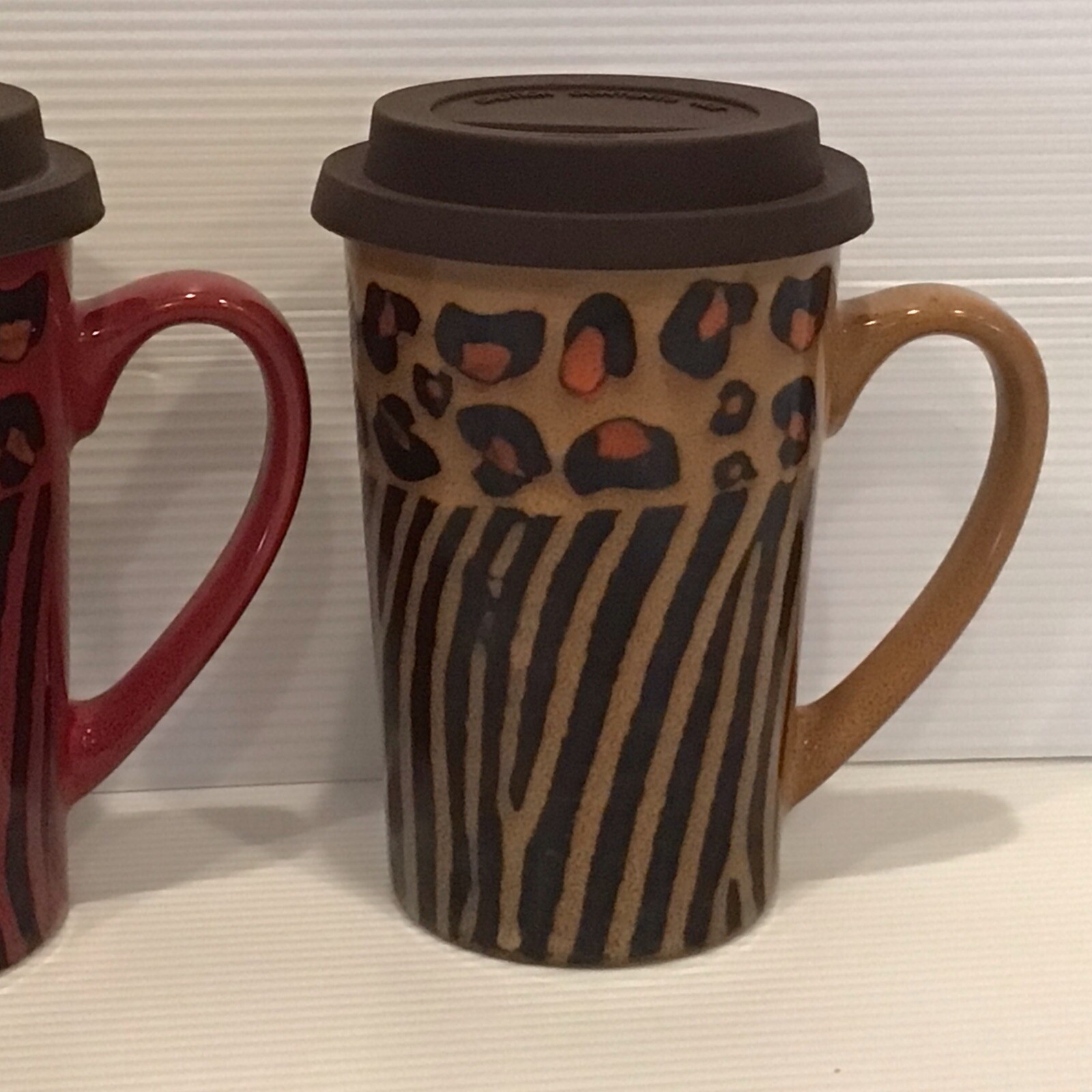 Coffee Mugs, Lids Set/3 15oz Ceramic Animal Print Zebra Leopard Nature Home READ