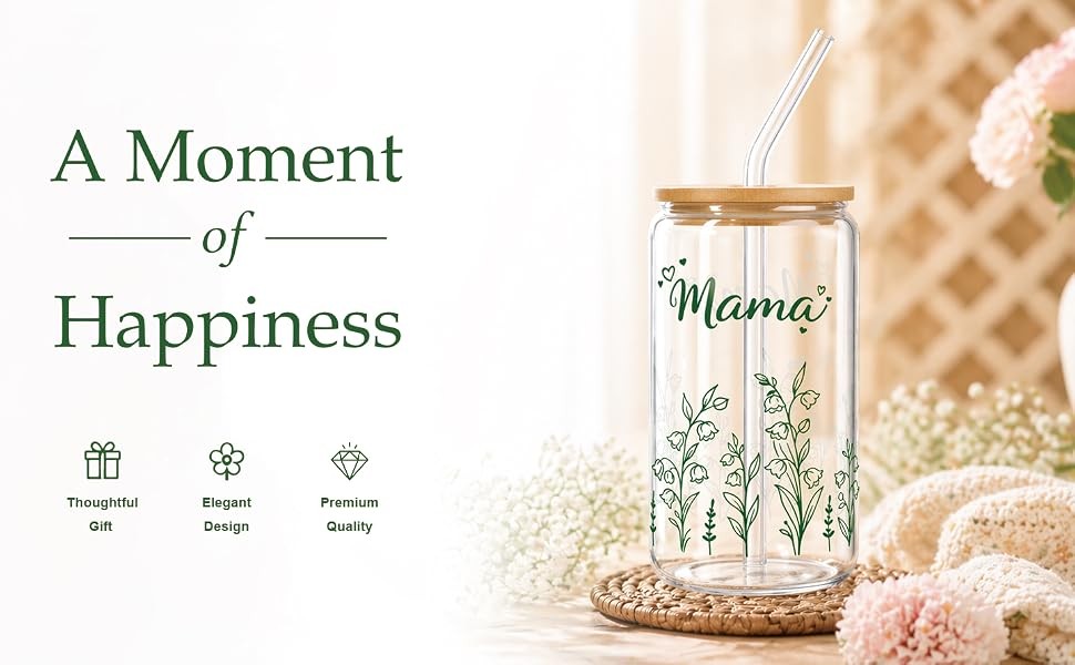Mama for Mom – 16oz Floral Iced Coffee Cup with Lid and Straw – Cute Birthday
