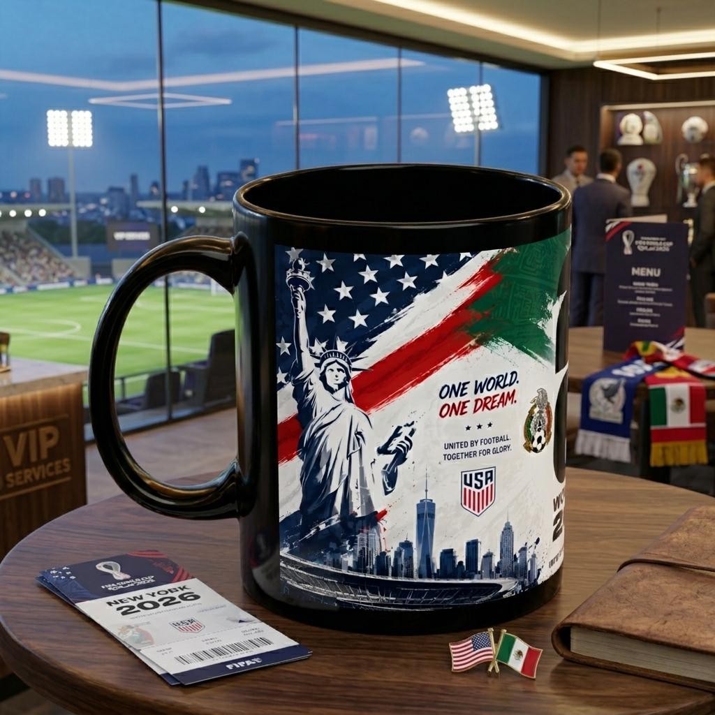 FIFA World Cup 2026 Logo and Trophy Black Mug Soccer Tournament Coffee Cup