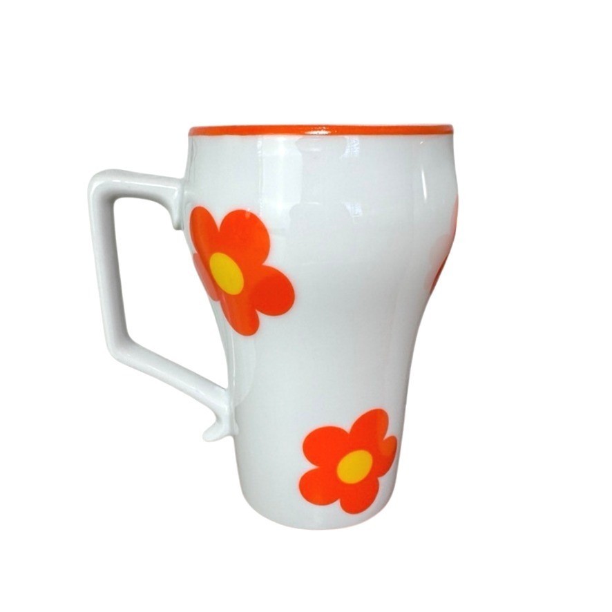 Vintage Retro Orange Daisy Floral Ceramic Mugs Set of 4 Mid Century Modern 5in
