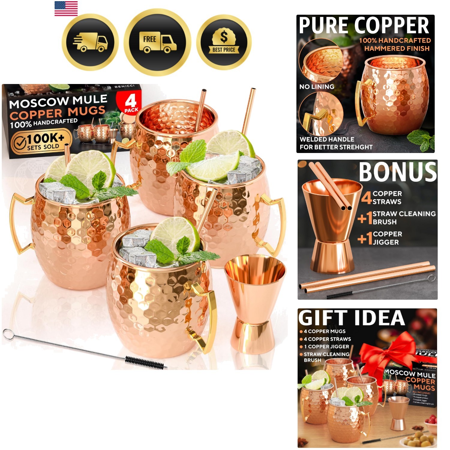 Copper Moscow Mule Mugs Set of 4 Handcrafted Food Safe Drinkware for Cocktails
