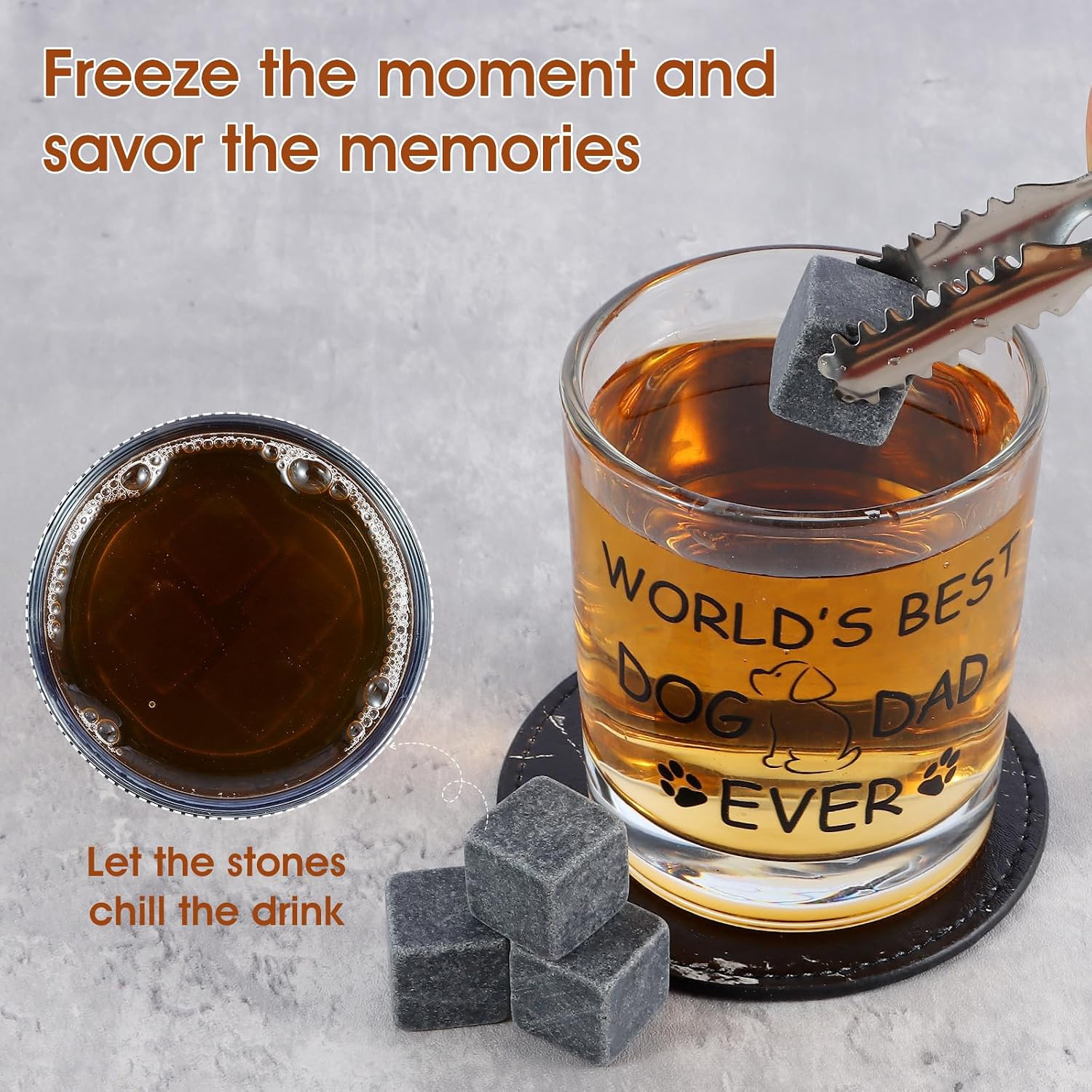 Dog Dad Gifts, Best Gift for Dad, Gift with 12Oz Whiskey Glasses, Stones, Coaste