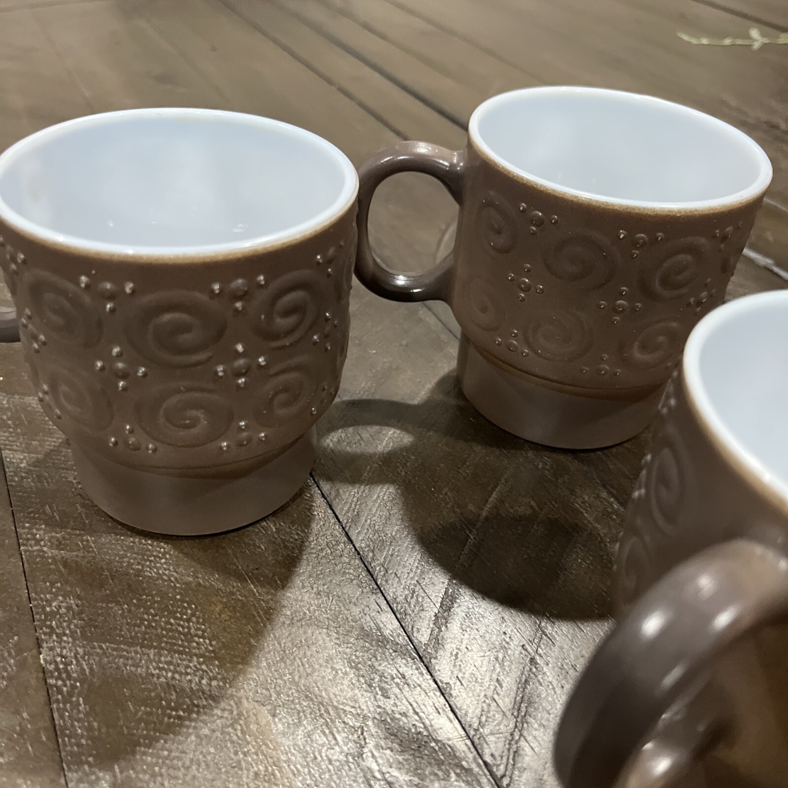 Vtg FireKing Gray Milk Glass Stackable Swirl Dot Coffee Mugs Set of 3 MCM Retro