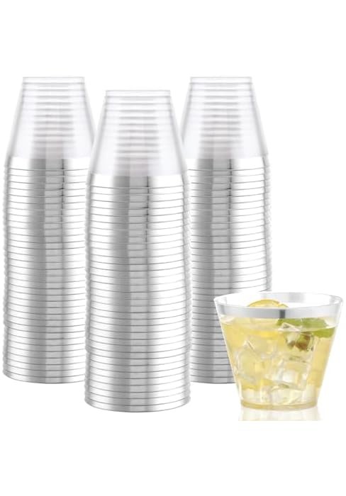 Clear Plastic Cups with silver Trim – Plastic Disposable Cups, Heavy Duty &
