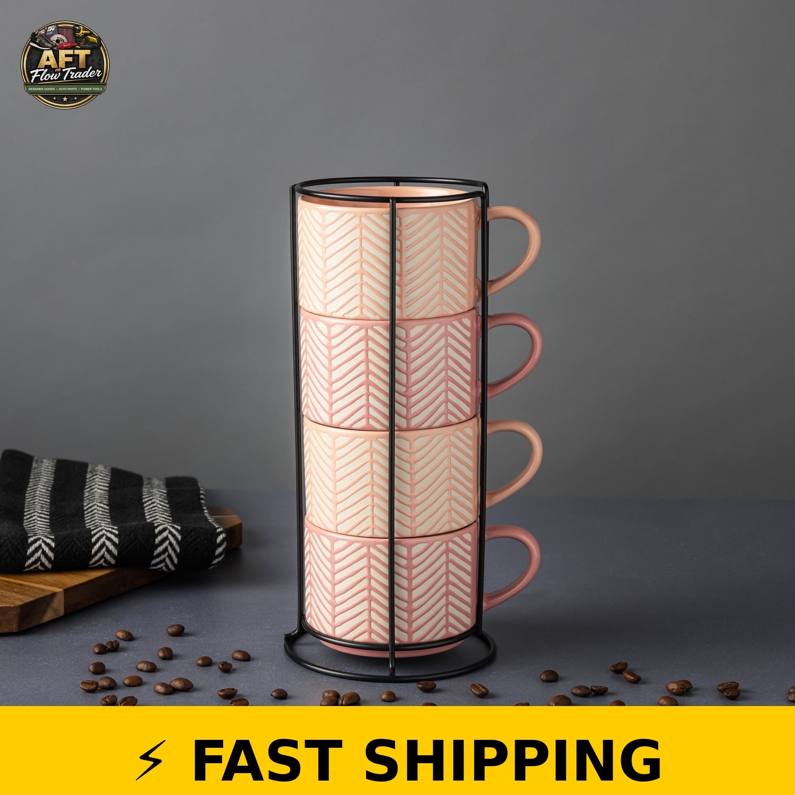 Thyme & Table Stacking Mugs, Pink & White Lines, Set of 4