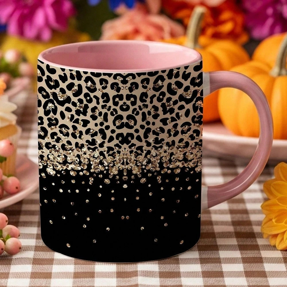 Leopard Print Coffee Mug with Golden Pattern, Elegant Heat-Retaining Cup