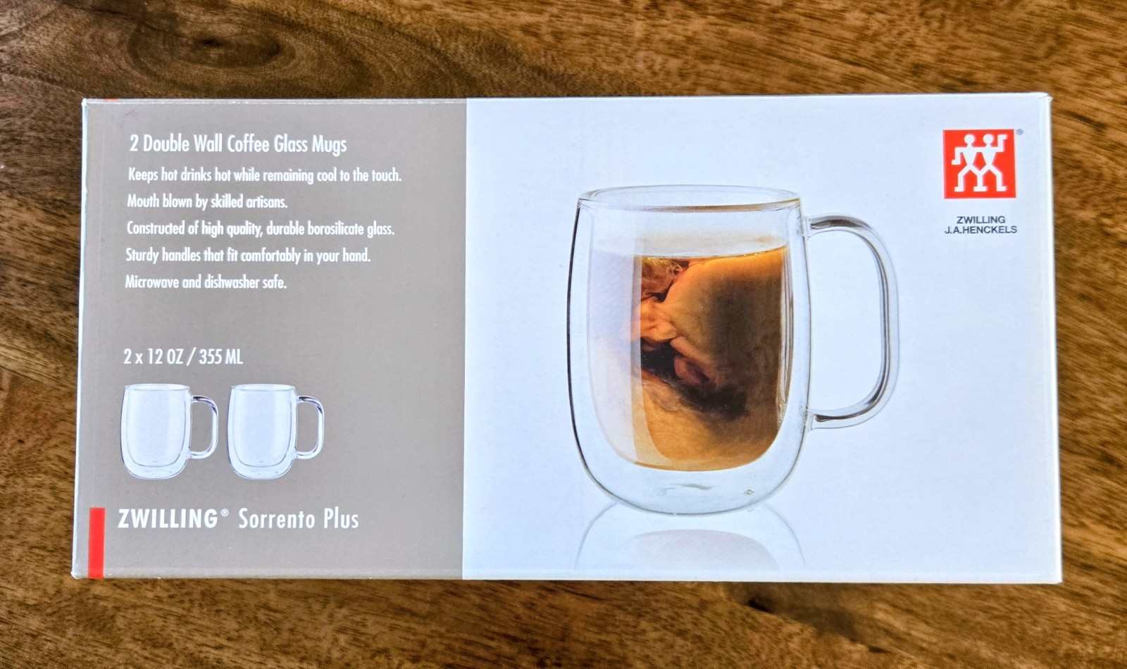 Zwilling J.A. Henckels Sorrento Plus Double Wall Glass Coffee Mugs Set Of 2 NIB