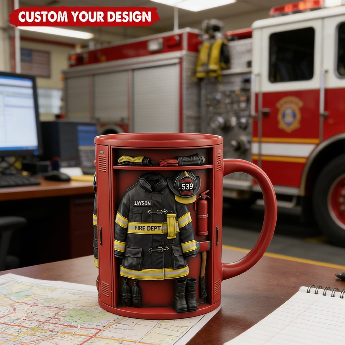 Personalized Firefighter Locker Mug, Custom Uniform Name Fireman