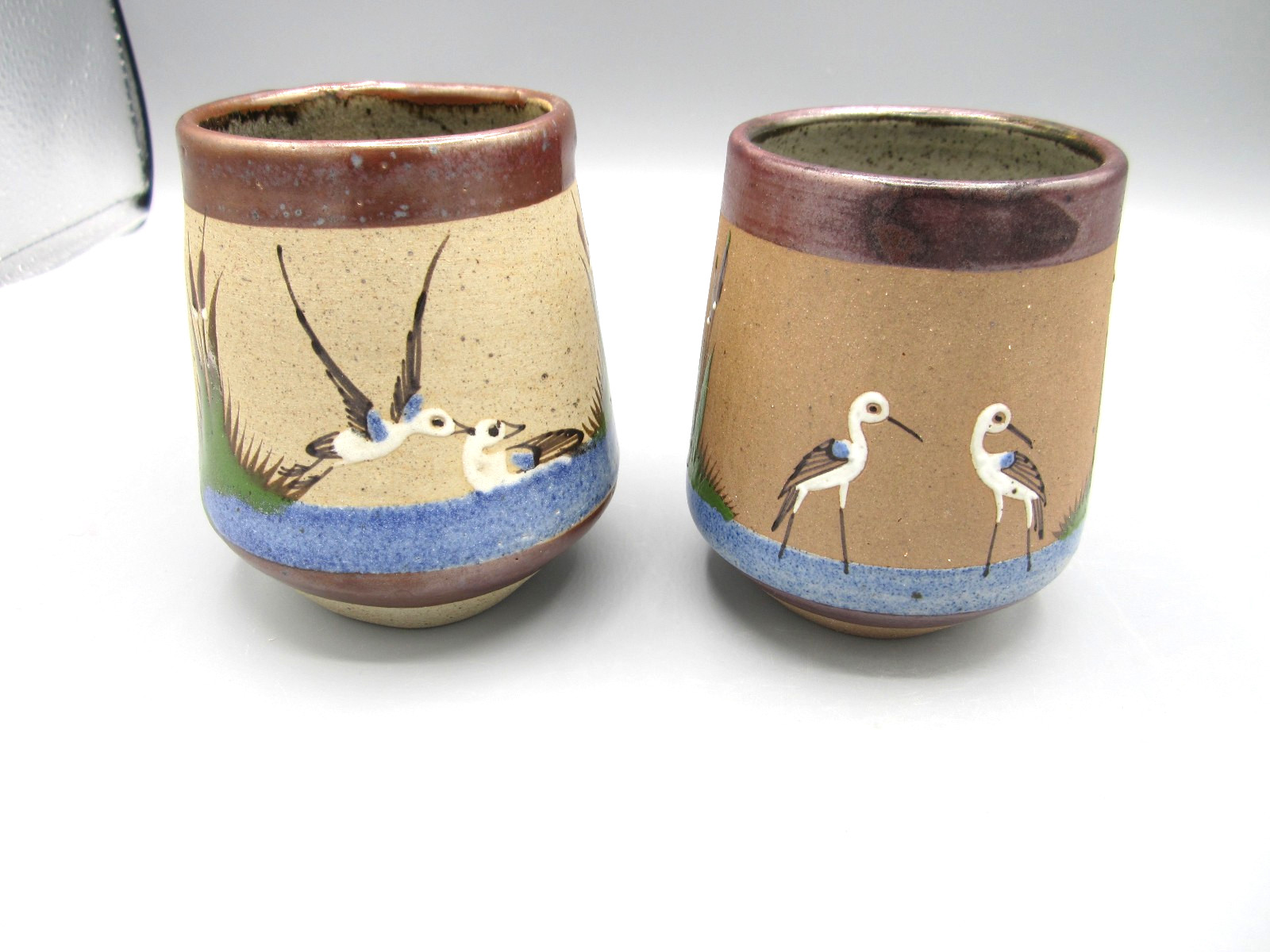 Two Hand Made & Painted in Mexico Sea Gulls & Herons Tan Brown Mug 10 oz (374)