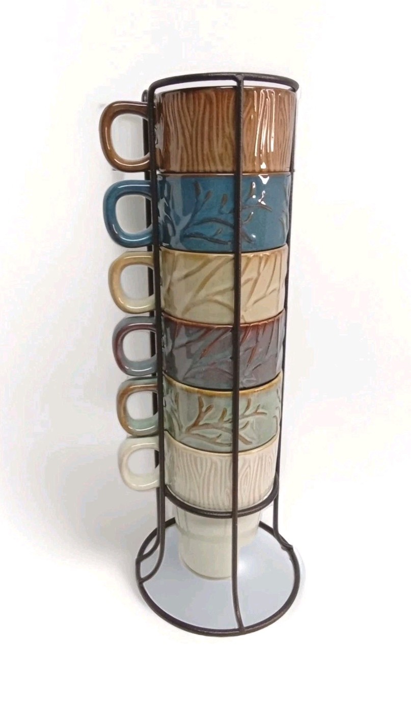 RARE MercAsia 6 Stacking Stoneware Coffee Mugs in Iron Stand Artisanal Colors