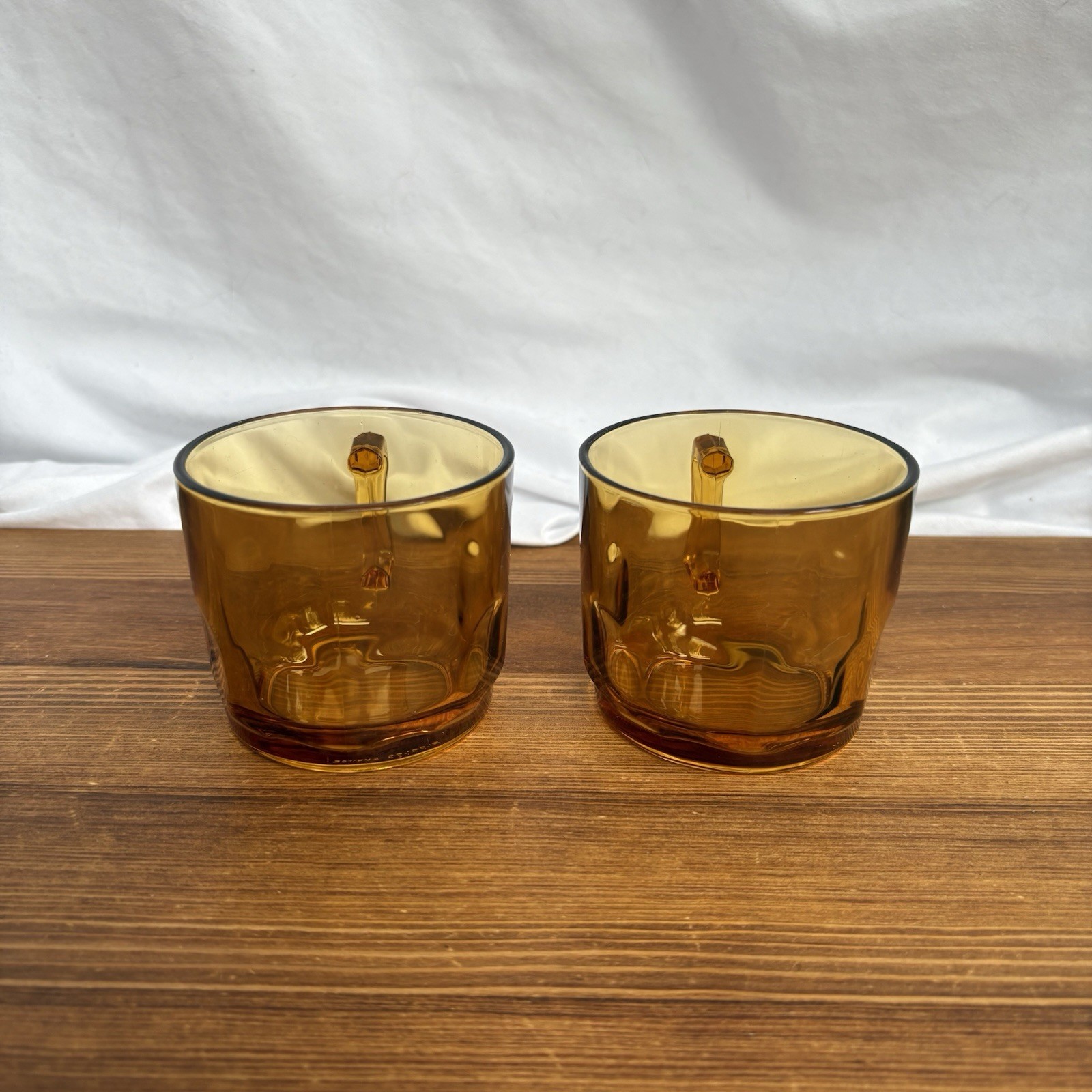 Set of 2 Arcoroc France Amber Glass Coffee Mugs Square Handle Vintage Cups