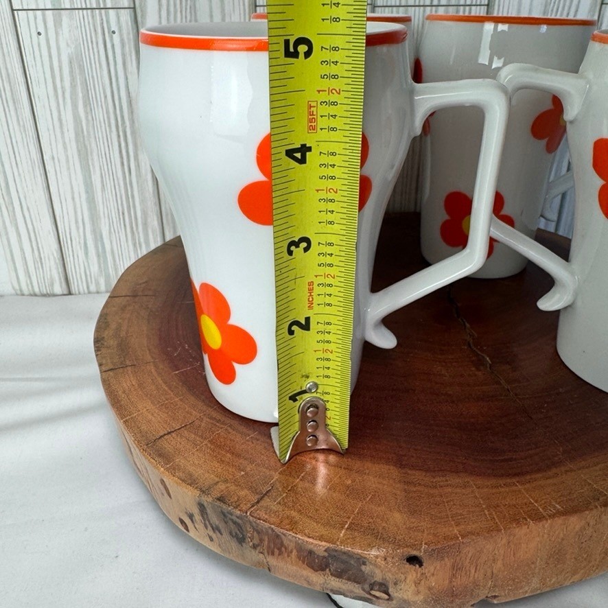 Vintage Retro Orange Daisy Floral Ceramic Mugs Set of 4 Mid Century Modern 5in