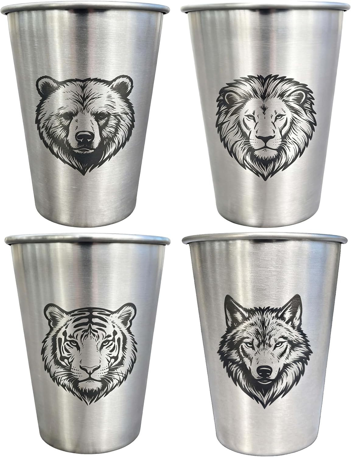 4 Pack 16Oz Conical Stainless Steel Cups – Laser Engraved Animals, Stackable Dur
