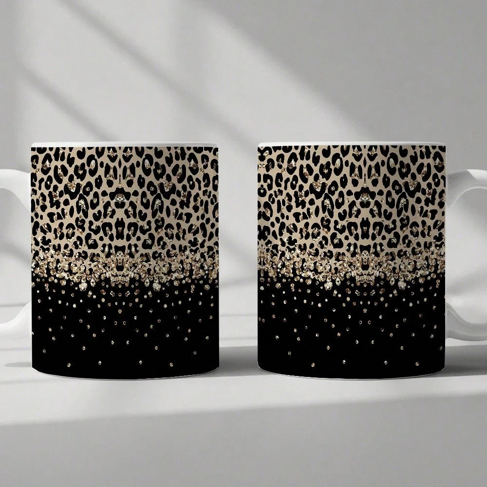 Leopard Print Coffee Mug with Golden Pattern, Elegant Heat-Retaining Cup